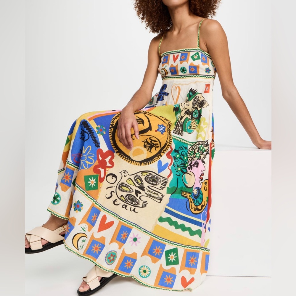 Soleil Full Skirt LINEN Sundress, Mixed Media Luxury Print - Picture 6 of 12